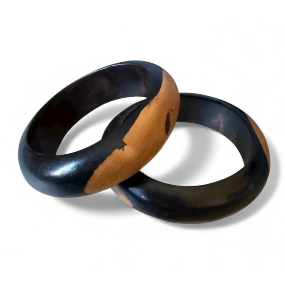The Unbranded Brand Jewelry - Set Of 2 Ebony Black Wood Bangle Bracelets 2-Tone Inlaid Boho Handmade 0.5"x6"
